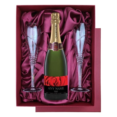 Personalised Champagne - Red Rose Label in Red Luxury Presentation Set With Flutes